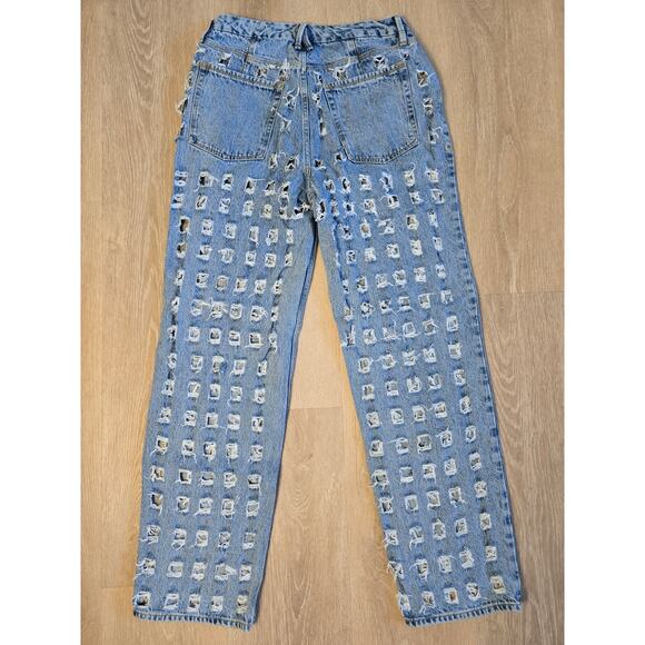 Good American Distressed Grid Jeans Light Wash Blue Wide Leg Sz 10 - Picture 2 of 4